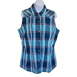 Roper Western Plaid Sleeveless Shirt Blue Button Down western farm horsecore